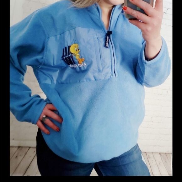 Vintage 90s Y2K Kidcore Looney Tunes Blue Tweety Bird Pullover Fleece - Picture 2 of 14